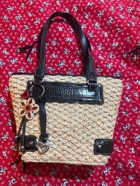 Brighton Natural Straw Shoulder Bag with Dark Brown Trim and Red Accent Charm